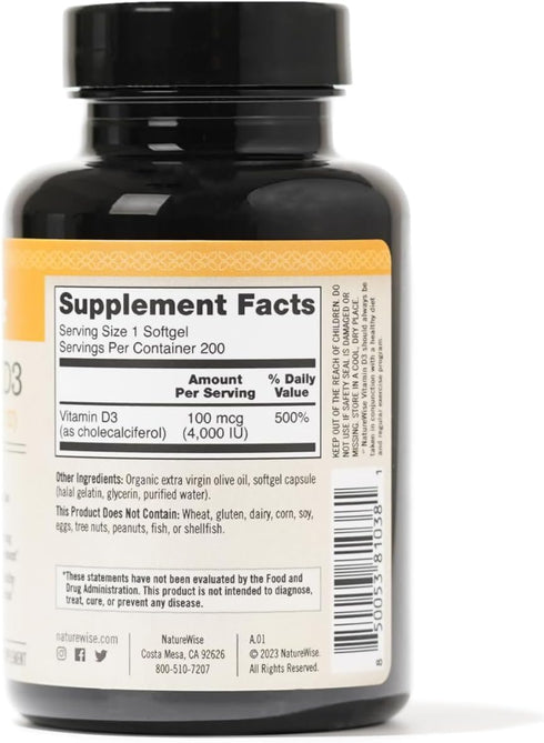 NatureWise Vitamin D3 4000iu (100 mcg) Healthy Muscle Function, and Immune Support, Non-GMO, Gluten Free in Cold-Pressed Olive Oil, Packaging Vary...