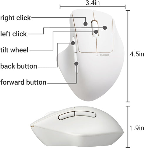 ELECOM Bluetooth Mouse Ergonomic Shape, Silent Click, 18-Month Battery Life, 2000DPI, 5 Buttons with Tilt Wheel, Optical Sensor, Compatible with P...