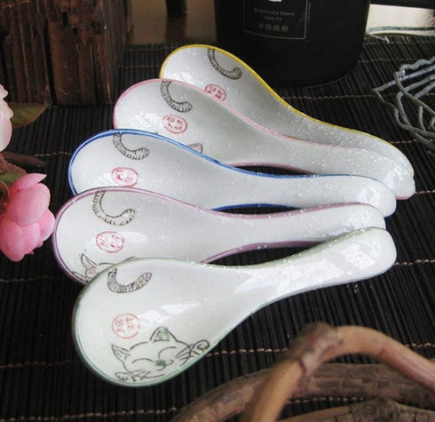 5pcs Ceramic Soup Spoons Lucky Cat Hand Painted Dessert Spoons...