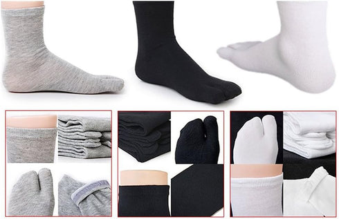 3 Pairs of Elastic Cotton Tabi Toe Socks (White/Grey/Black)...
