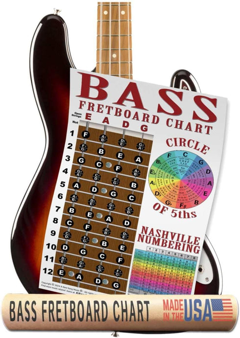 4 String Bass Instructional Chart with Fretboard Notes Poster - Nashville Numbering System - Circle of 5ths | A New Song Music | 11"x17"...
