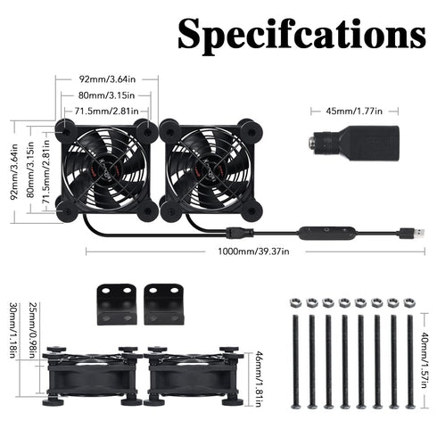 Dual 80mm Fan with 10 Speed USB 5V Fan DC 12V IPX5 Waterproof Fan PC Fan Portable Cooling Fan for Tablet TV Receiver Router DVR Xbox Greenhouse Ke...