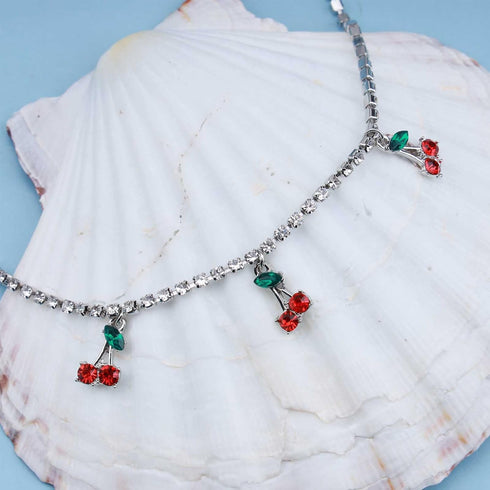 Bohemian Cherry Anklets Cubic Rhinestone Dangle Ankle Bracelets Silver Tassel Fruit Anklet Sparkle Tennis Chain Anklets Foot Jewelry for Women...