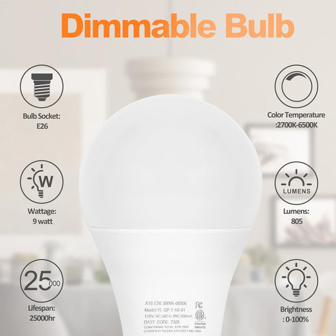 2 Packs Remote Control Bulb Set, A19 LED Light Bulbs Dimmable Stepless 2700K-6000K, 805 LM, E26 Base, 25000+ Hours Lifespan, LED Bulb for Pendant ...