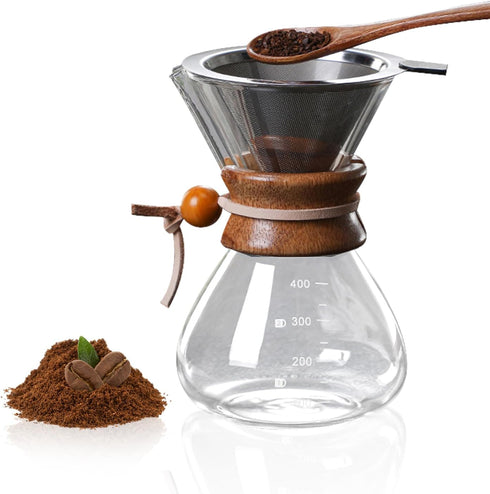 Tissting Wood Neck Pour Over Coffee Maker,400ml Sleeve Coffee Brewer with Permanent Stainless Steel Filter,Glass Coffee Pot for Home Cafe Party...