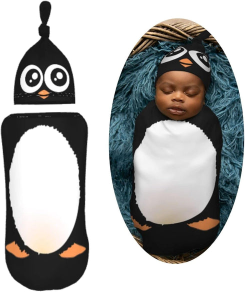 Cute Penguin Newborn Swaddle Blankets Hat Sets Soft Baby Receiving Blanket Swaddle Sack for Baby Shower Infant Boy Girl Gift...