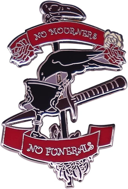 No Mourners No Funerals Hard Enamel Pin Gothic Black Crow Drinking Poniard Brooch Cartoon Red Rose Plant Pins Six Crows Badge...