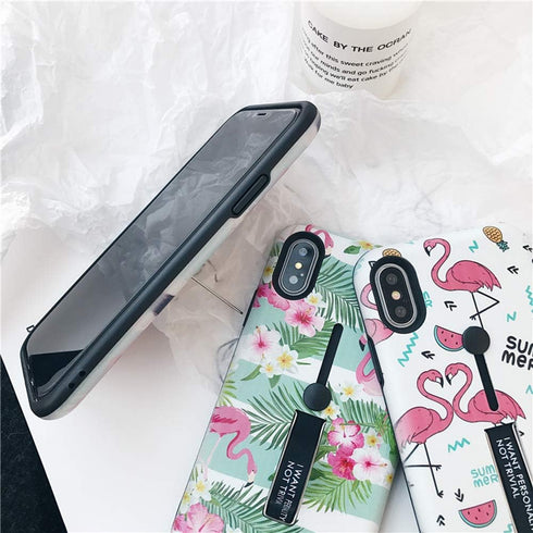 Compatible with iPhone XR Case Finger Grip,3D Embossed Pink Flowers Gray Shell Design, Rugged Shockproof Slim Fit Dual Layer Finger Ring Loop Stra...