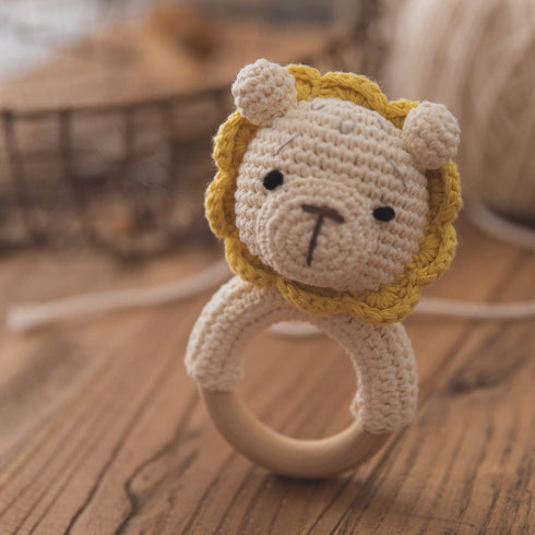 Youuys Wooden Baby Rattle Toys, Easter Rattle for Baby Crochet Lion Rattle Toy Natural Wood, Shaker Rattle for Hand Grips, Boy Girl First Rattle G...