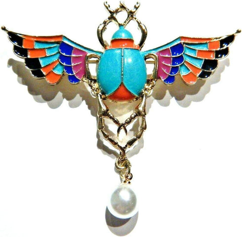 Colorful Winged Scarab Beetle Brooch Aqua Blue & Goldtone Egyptian Pin...