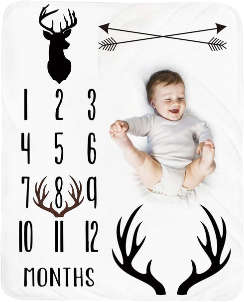 Baby Monthly Milestone Blanket Boy - Deer Newborn Month Blanket Neutral Personalized Shower Gift Woodland Nursery Decor Photography Background Pro...