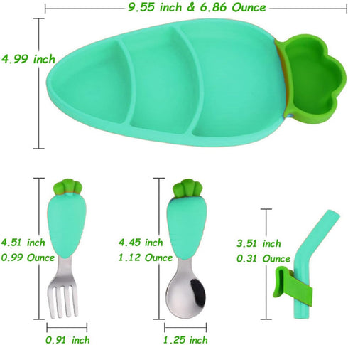 Toddler Plates with Suction, Silicone Suction Plates for Baby, Cute Carrot Divided Plates and Utensils Set, Non Slip, BPA Free, Feeding Set for 1-...