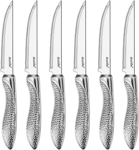 Steak Knives Set of 6, Stainless Steel Serrated Sharp Blade Steak Knife Set, Hammered Pattern Handle,4.5 In,For Kitchen Restaurant Tableware, Dish...