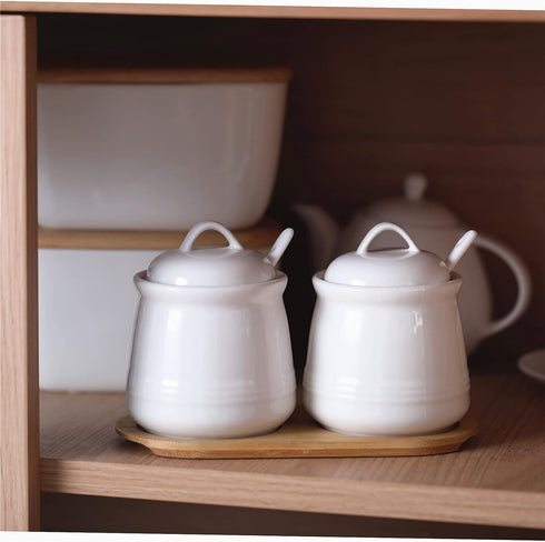 HAOTOP Ceramic Sugar Bowl 2 Pack, PorcelainJar with Tray, Spoon and Lid for Sugar, Pepper, Coffee, Spice, Salt, 12 Ounces (White)...