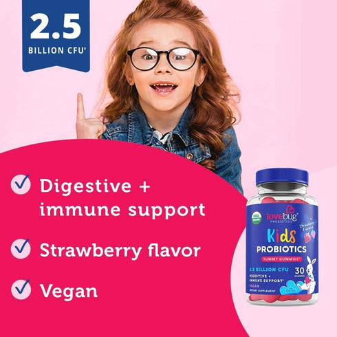 Lovebug Award Winning USDA Organic Probiotic Gummies for Kids | Soil-Based Probiotic | Vegan | Ages 3+ | Natural Fruit Strawberry Flavor | 30 Gumm...