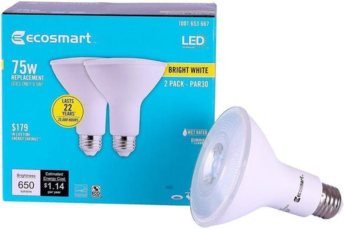 EcoSmart 75W Bright White PAR30 Dimmable LED Flood Light Bulb2-Pack 1001653667...
