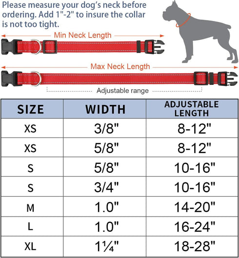 Taglory Reflective Adjustable Dog Collars for Puppy Small Medium Large Dogs, Thin Nylon Webbing and Quick Release Plastic Buckle(Red,Small)...