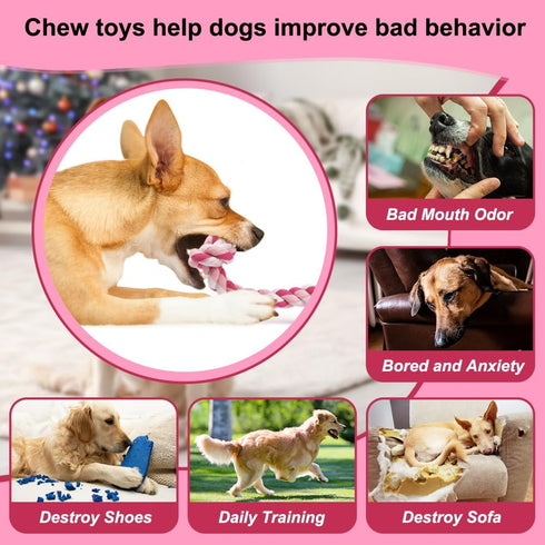 Dog Rope Toys, 3 Knots Chew Rope Toy for Small, Medium and Large Dogs, Natural Cotton Dog Pull Rope for Tug of War and Teeth Cleaning (Pink)...