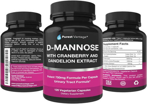 D Mannose Capsules with 600mg D-Mannose Powder Per Cap - with Added Cranberry and Dandelion Extract to Aid in Bladder, Urinary Tract and UTI Suppo...