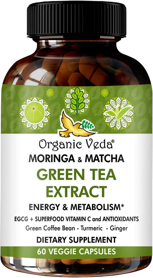 Organic Veda Moringa & Matcha Green Tea Extract Supplement with ECGC, Vitamin C & Antioxidant - Energy Boost & Metabolism Support Moringa Capsules...