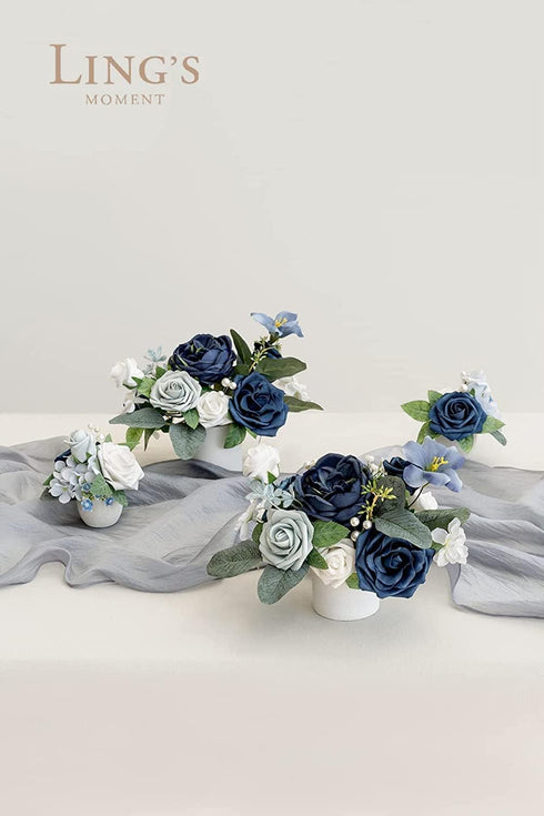 Ling's Moment Artificial Flowers 50Pcs Dusty Blue & Navy Roses Decor w/Stems,3" Real Touch DIY Foam Floral for Wedding Bouquet/Centerpieces, Outdo...