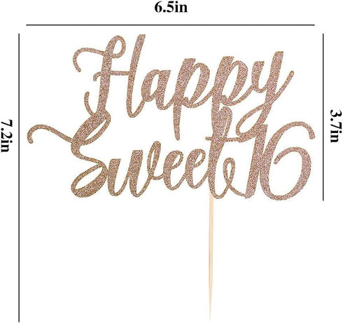 Happy Sweet 16 Cake Topper -Cheers to 16 Year - Happy 16th Birthday Cake Topper- Sweet Sixteen /16th Wedding Anniversary Party Decoration (Rose Go...
