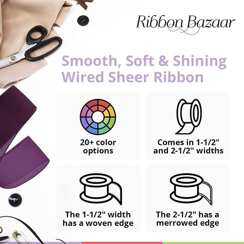 Sheer Organza Wired Ribbon - 100% Polyester Wire Edged Ribbon for Floral Decor, Table Arrangements, Apparel Embellishment & More - 1-1/2" Red 25yd...