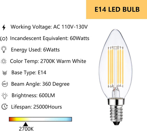 LED Light Bulbs E14 Base Warm White 2700K 60W Dimmable European Light Bulbs for Turkish Lamp, E14 Bulb 6W LED Candle Bulb, 6 Pack...