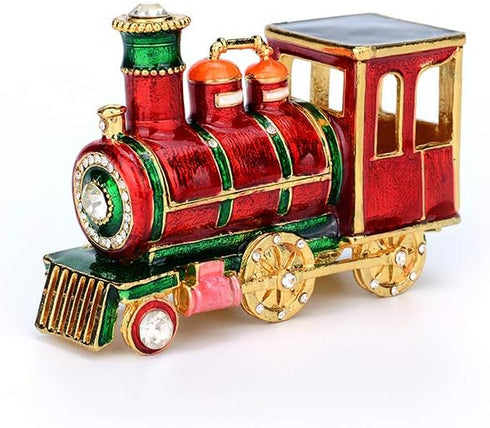 Mini Steam Train Jewelry Trinket Box Hinged Enameled Crystal Ornaments Gift for Home Decor...