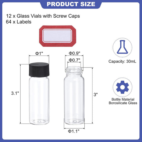 PATIKIL 30ml Clear Glass Vials, 12 Pack Sample Vials with Screw Cap Reagent Media Bottle with Labels Leak-Proof Liquid Sample Glass Vial for Lab L...