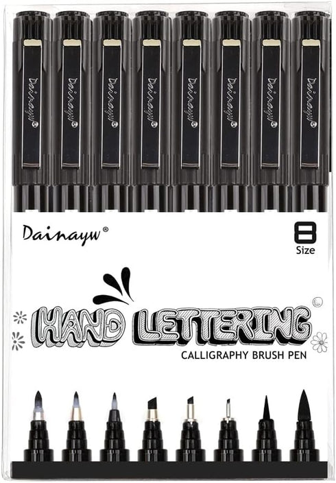 dainayw Calligraphy Brush Pen, Hand Lettering Pens, 8 Size Black Markers Set for Artist Sketch, Technical, Writing, Art Drawing...