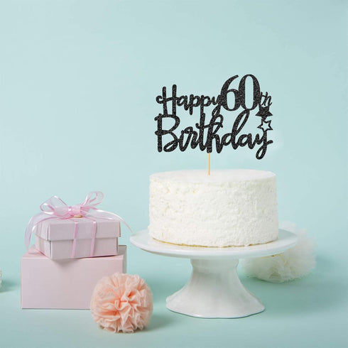 Black Glitter Happy 60th Birthday Cake Topper for Women Men, Hello 60th Anniversary, Cheers to 60 Years Party Decorations...