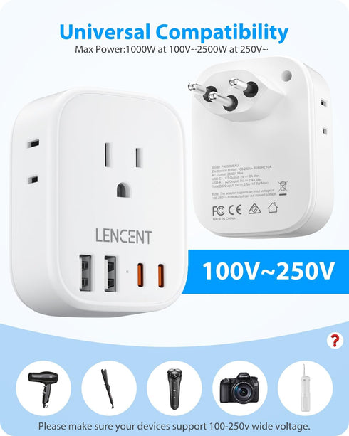 LENCENT Switzerland Travel Plug Adapter, Swiss Power Adaptor with 4 American Outlets, 4 USB Charger(2 USB C), Type J Plug Converter for US to Swit...