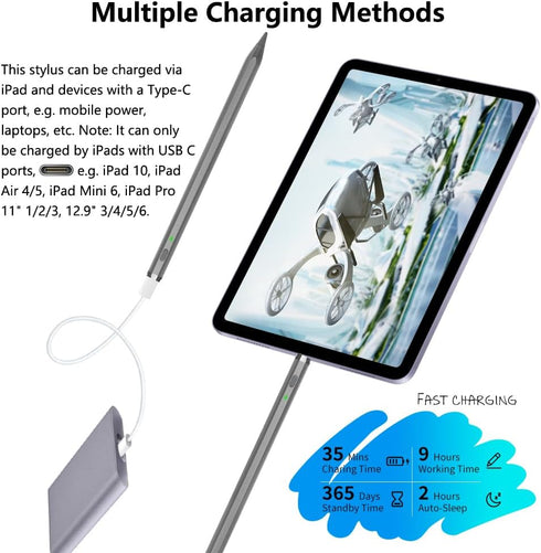 USB C iPencil 1st Generation, Stylus Pen for iPad with 10X USB-C Charge, Tilt Sensing & Palm Rejection, Pencil for iPad 6~10th, iPad Air 3~5th, iP...