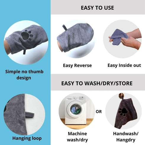 Penny & Niko Microfiber Pet Towel Mitts - Paw Cleaning and Drying Mitts/Gloves for Dogs and Cats (Large - 2 Pack, Gray)...