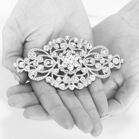Mariell Vintage Bridal Crystal Brooch Pin, 4" Wide, Antique Silver Wedding Pin, Rhinestone Brooch for Brides and Wedding, Art Deco Fashion Accesso...