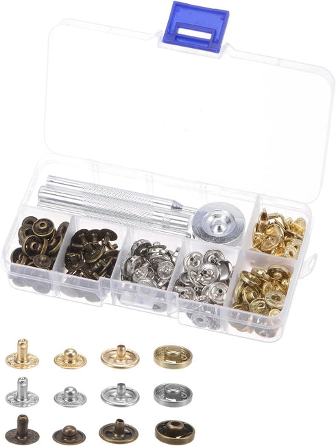 uxcell 60 Sets Leather Snap Fasteners Kit 10mm Metal Press Studs Buttons Tool with 4 Setter Tools & Storage Box for Clothing Leather Sewing...