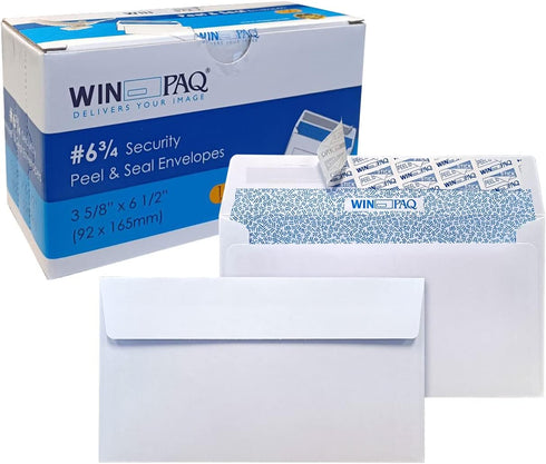 WINPAQ 6 3/4 White Security Tinted Peel & Seal Business Mailing Envelopes, 24lb (100 counts)...