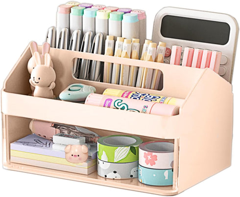 Marte Vanci Desk Organizer with Drawer, Desk Tidy Caddy, Cute Desktop Stationery Organizer, Plastic Makeup Storage Box, Multifunctional Desk Acces...