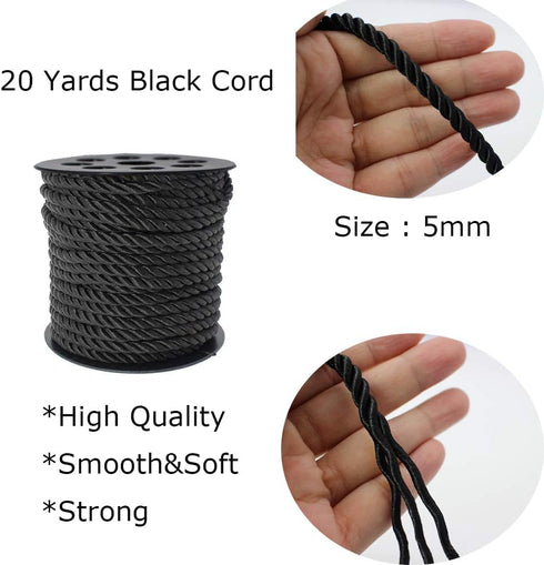 Black Satin Twisted Cord 5mm for Jewelry Making - 20 Yards Decorative Braided Polyester Twine Rope String - Shiny Thick Thread for Choker Cords an...