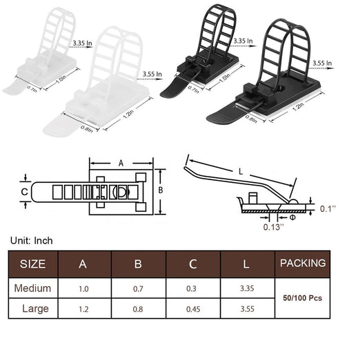 Adhesive Cable Management Clips, 100Pcs Adjustable Nylon Cable Strap Ties Wire Clips Clamps Organizer with Strong Adhesive Tape, Extra Screw & Hol...