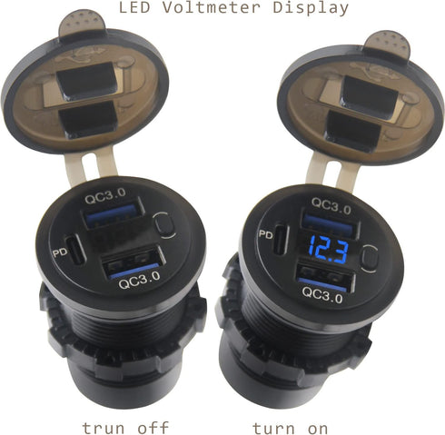 Dual USB Quick Charge 3.0 Port & PD USB C Car Charger Socket, 12V USB Outlet with Voltmeter and Power Switch for Car Boat Marine Truck......