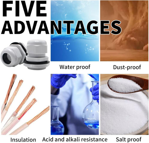 3/8 Cable Glands White PA66 Connector IP68 Waterproof Adjustable Cord Grip Strain Relief Connectors Protectors White 10PCS With Plastic Box...
