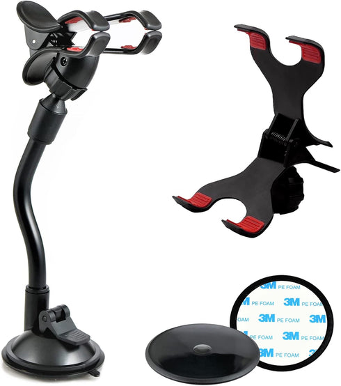 8" Flexible Gooseneck Suction Cup Cellphone Holder with Extra 3M Adhesive Mounting Disk, Double Clip Mount for Multi-Purpose Use with Phones, GPS,...
