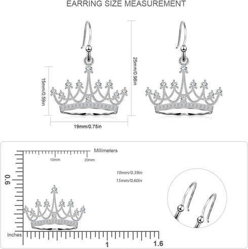 Sterling Silver Round Cubic Zirconia Crown Dangle Earrings for Women Queen Jewelry Mothers Day Gifts for Mom Valentines Christmas Birthday Jewelry...