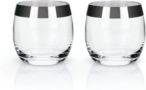 Viski Irving Chrome Rim Crystal Lowball Tumblers Set of 2 - Premium Crystal Clear Cocktail Glass Gold Rimmed Glassware, Stylish Lowball Whiskey Gl...