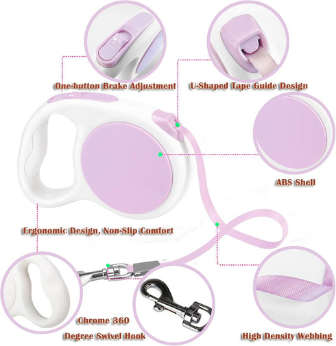 Lavender Purple Retractable Dog Leash 10 ft for Small and Medium Dogs and Cats, One Button Brake, Pause, Lock by LFCXHTY...