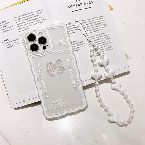 Casechics Compatible with iPhone Case,Cute 3D Crystal Bow Tie Bowknot Curly Wave Shape with Heart Wristband Strap Bracelet Chain Transparent Soft ...