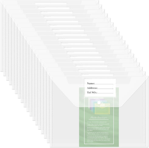 18 Pack Plastic Envelopes Plastic Folders with Snap Closure, A4 Size Clear File Envelopes with Label Documents Folders Organizers for Home Work Of...