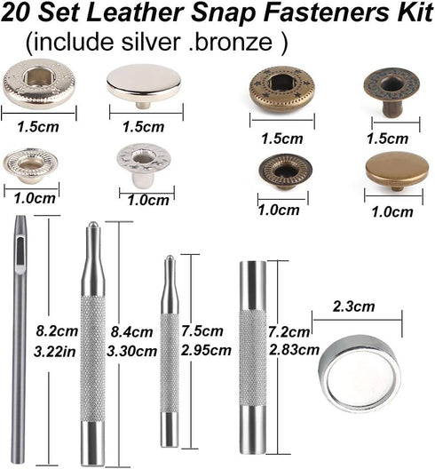 Leather Snap Fasteners Kit, Press Stud Stainless Steel Buttons for Marine Boat Canvas with Punching Tool Set Tool Kit (2 Components, 40 Pcs for Ea...